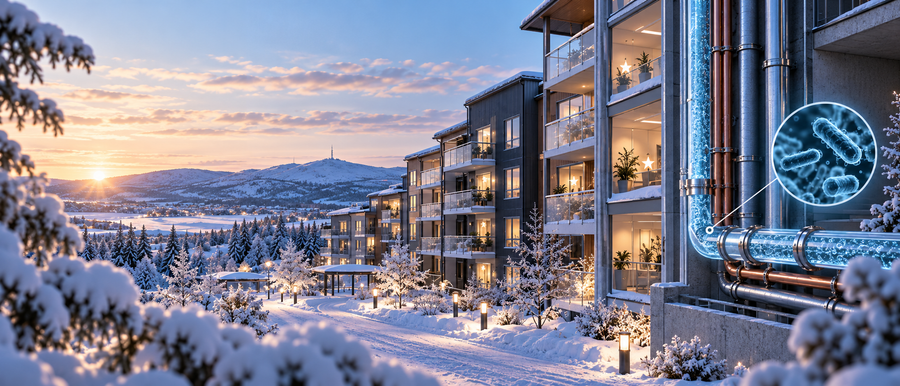 Flerbostadshus i vintermiljö med illustration av vattenledningar och legionellabakterier, kopplat till Topbostäders arbete med vattensäkerhet i Gällivare.